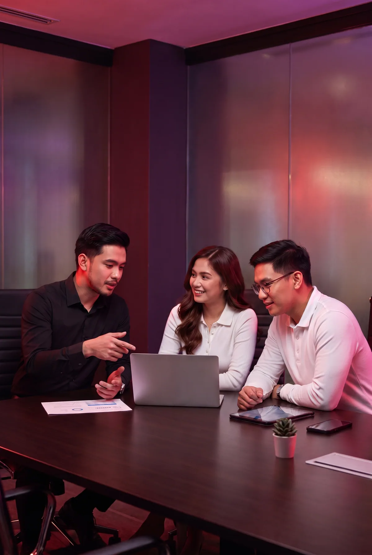 KDCI team members collaborating around a laptop in a meeting room